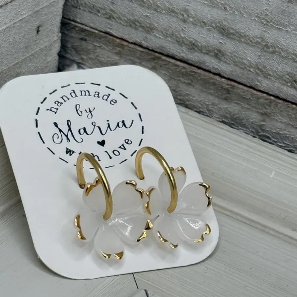 White Cherry Blossom Gold Stud Hoops